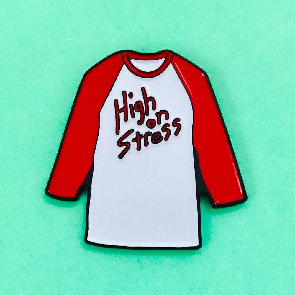 High on stress 80’s raglan novelty enamel lapel pin brooch